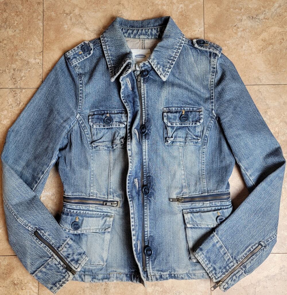 Vintage Y2K Woman M Denim Jean Jacket Utility Cargo Pocket Military Street 90s